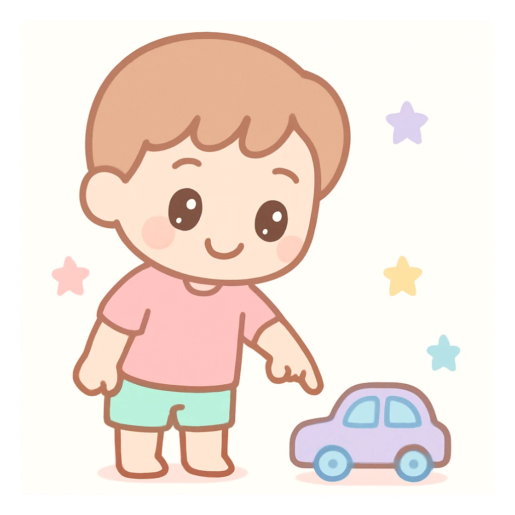 a boy pointing down at his toy, colorful illustration style sticker