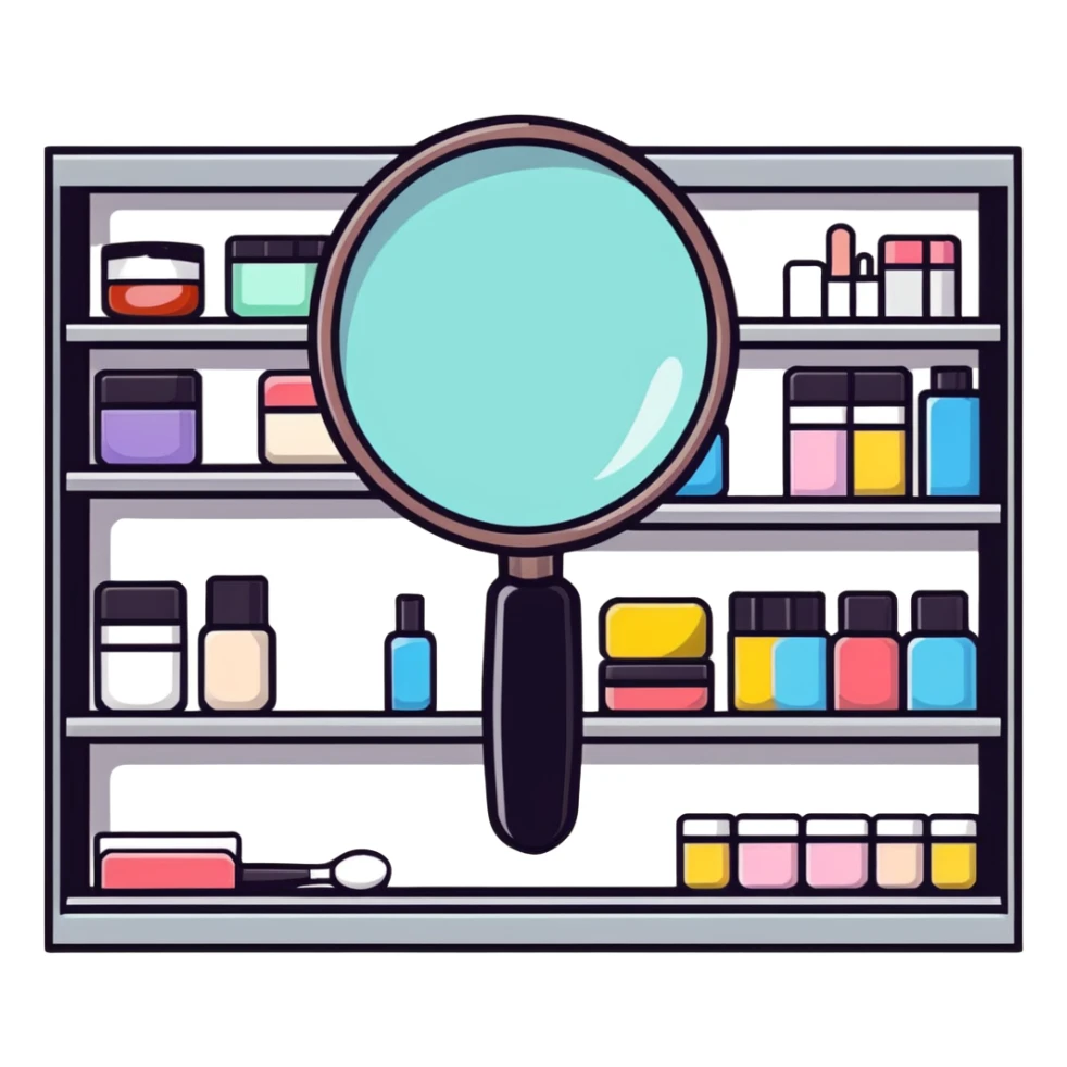 front view magnifying glass over empty beauty product shelf searching sticker