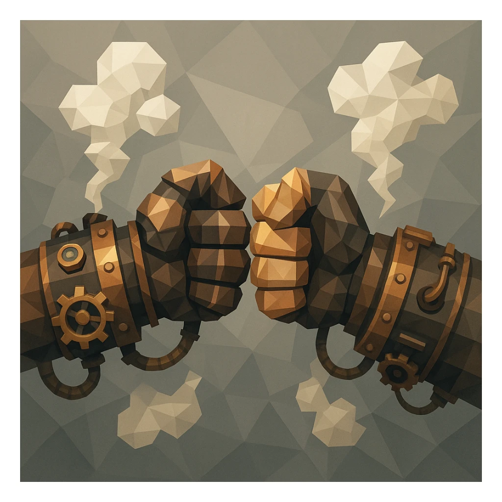 fist bump between two hands with steampunk gauntlets, steam and gear accents, retro-futuristic style sticker