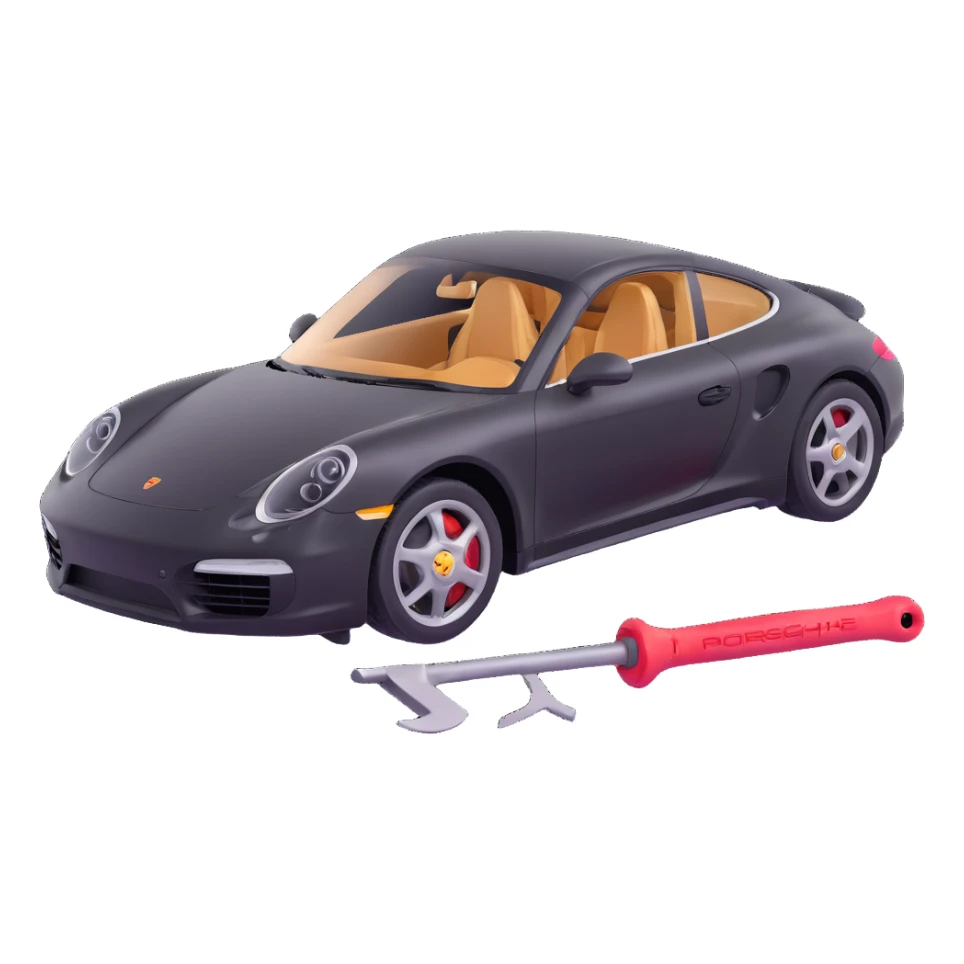 Porsche luxury car with dent repair tools like a lever and small hammer, elegant and modern sticker