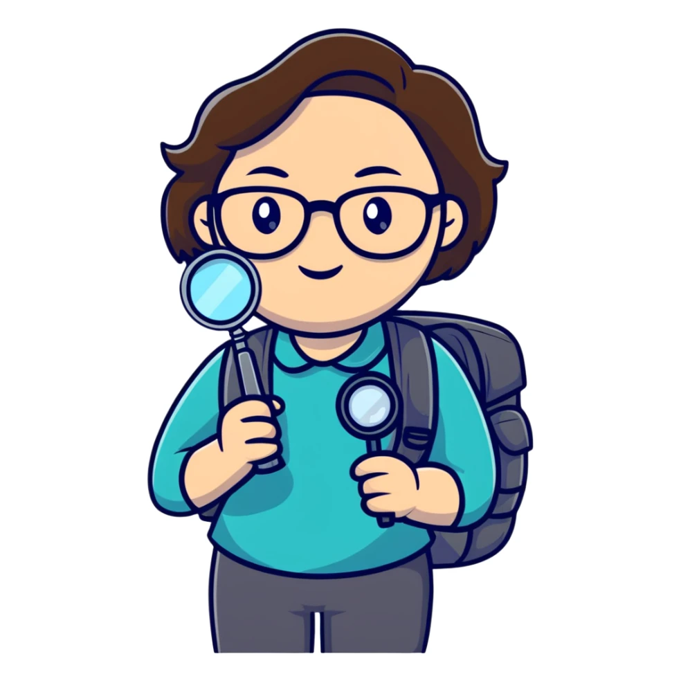 Cheerful woman hiker in her late 30s with glasses, backpack, and one magnifying glass in her right hand sticker