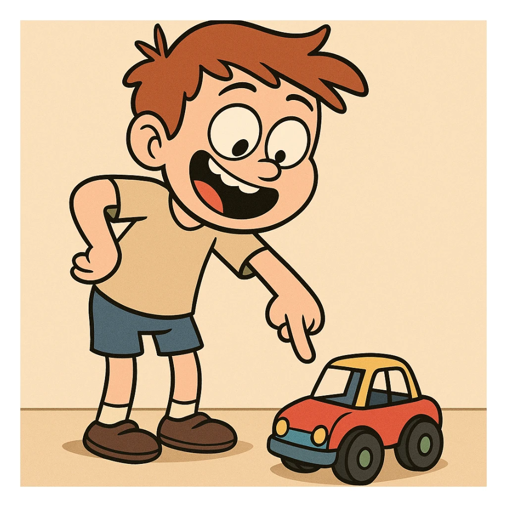 a boy pointing down at his toy, playful cartoon style sticker
