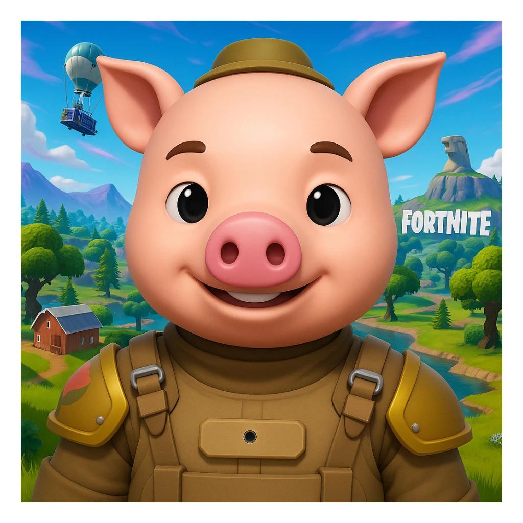 Add a Fortnite battle royale background behind John Pork, featuring iconic Fortnite scenery such as recognizable landmarks, vibrant colors, and dynamic elements from the game environment. sticker