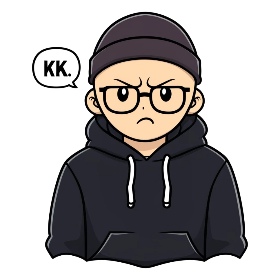 bald white guy with glasses, wearing a black beanie, black hoodie, angry furious expression, thought bubble that says “kk” sticker