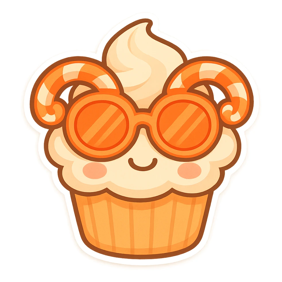 A cute cupcake with neon orange sugar cane sunglasses, the glasses are oversized and candy-like, cheerful and eye-catching, cute chibi stickers style sticker
