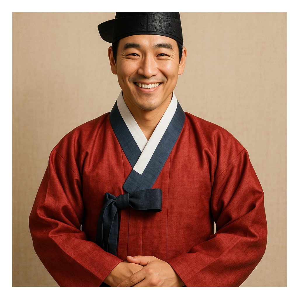 smiling man in hanbok, hands folded, traditional look sticker