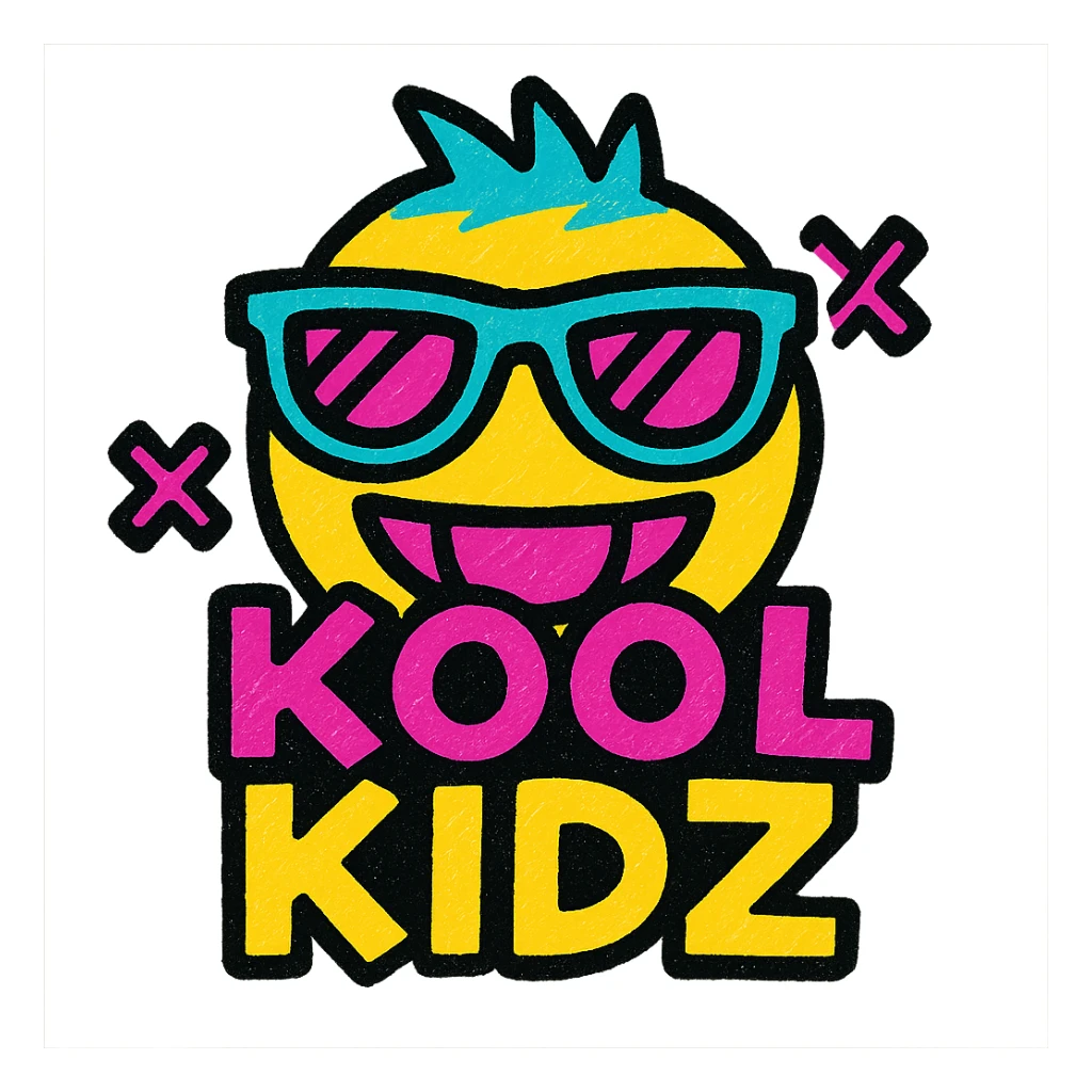 emoji with the text 'KOOL KIDZ' in playful and bold style with decorative crosses sticker