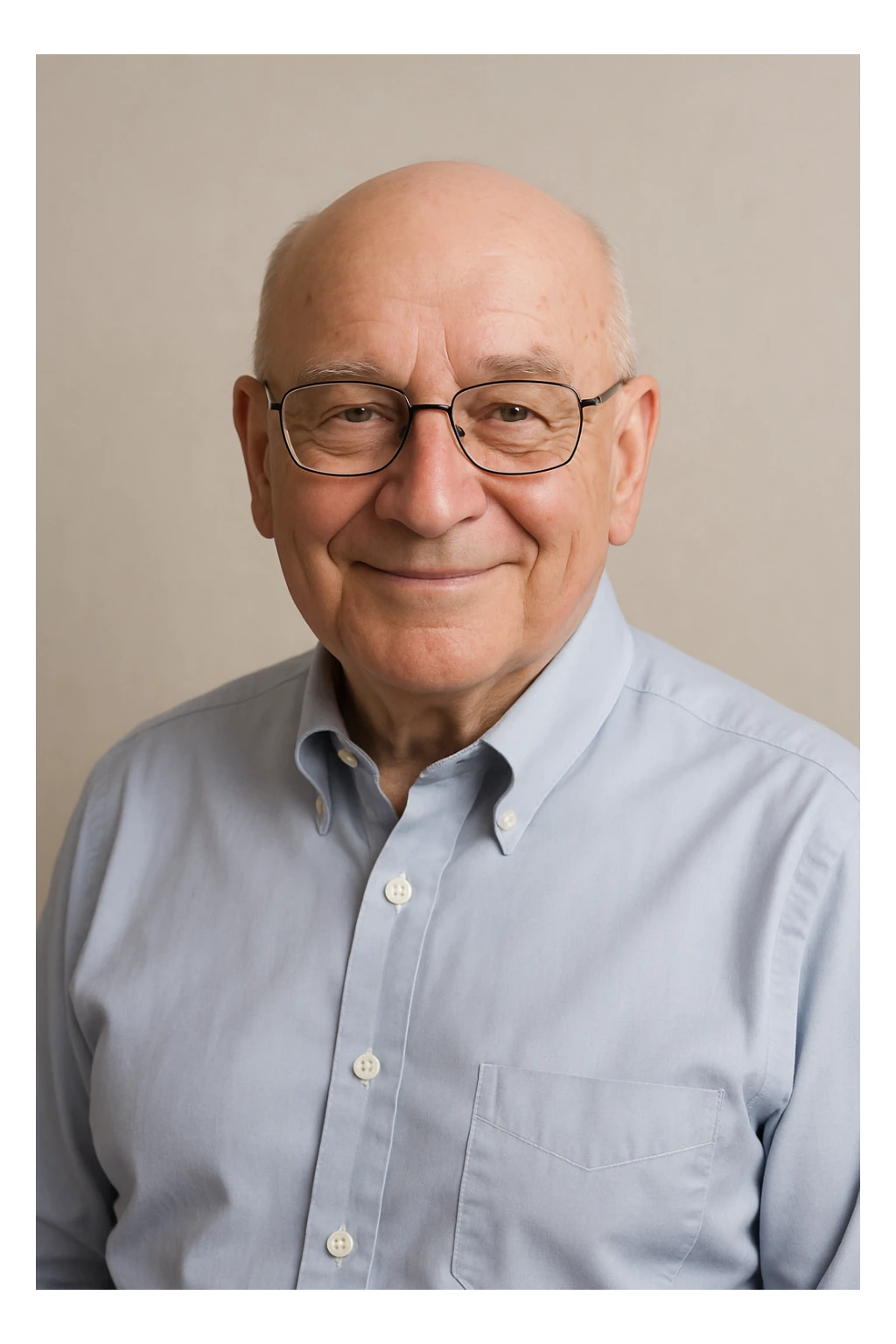 old bald professional man, glasses, formal shirt, friendly demeanor, simple background sticker