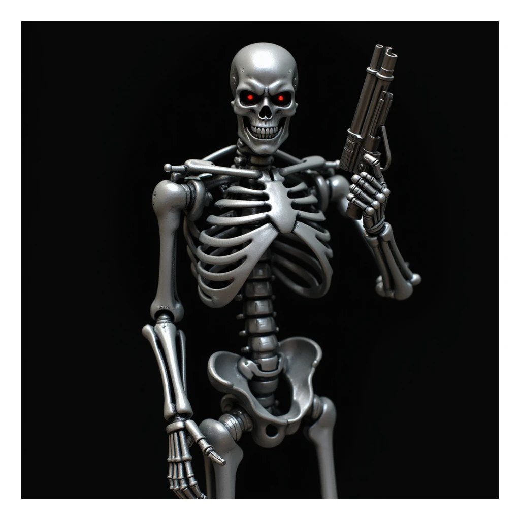 metallic skeleton holding futuristic weapon, dark background, realistic style, Terminator sticker