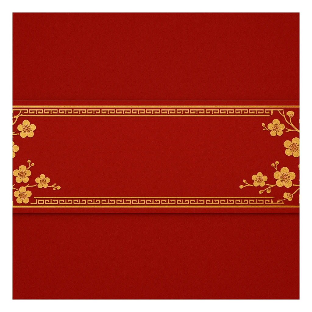 eastern style plaque for post signature, ultra long horizontal rectangle 1200x100px, only red and gold colors, decorated with peach blossoms, feng shui vibe, ornate border, no text sticker
