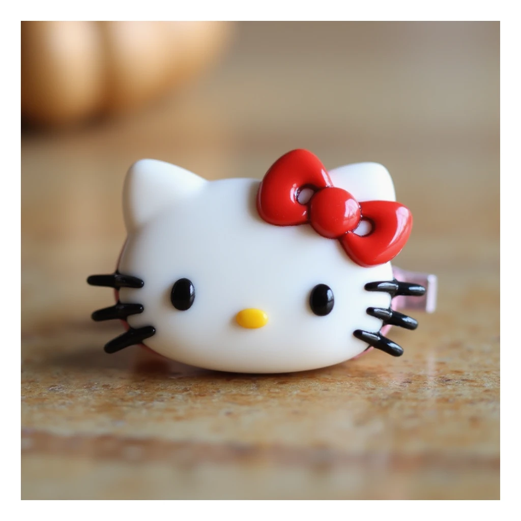 realistic Hello Kitty hair pin made of acrylic material, glossy finish, Hello Kitty's face with a red bow, product photography style sticker