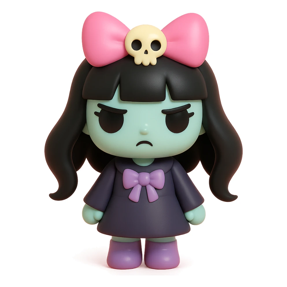 gothic girl with pink bow and skull charm, gothic style, vinyl figure, dramatic details sticker