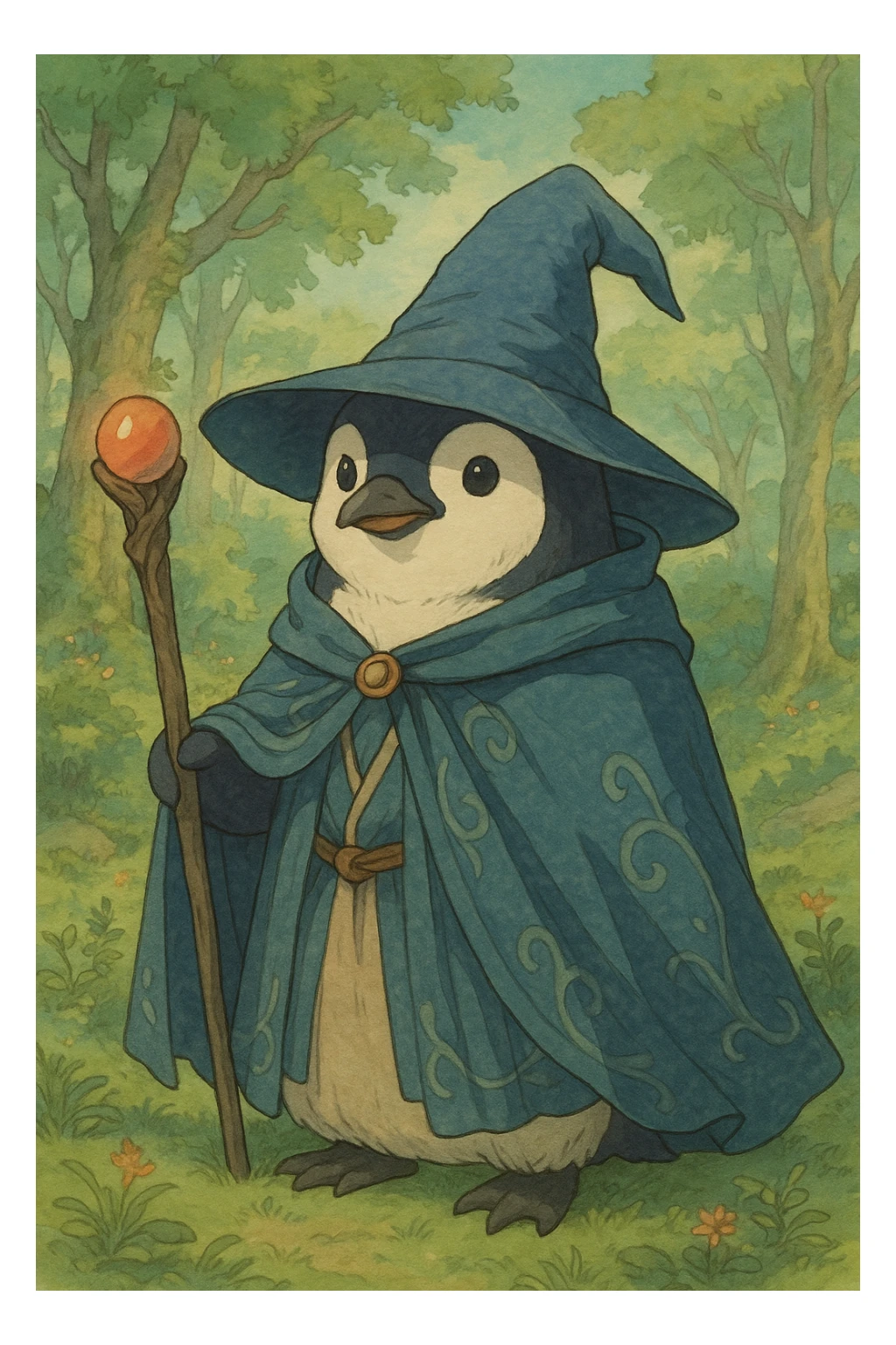 penguin wizard, detailed, whimsical, soft colors, anime style sticker