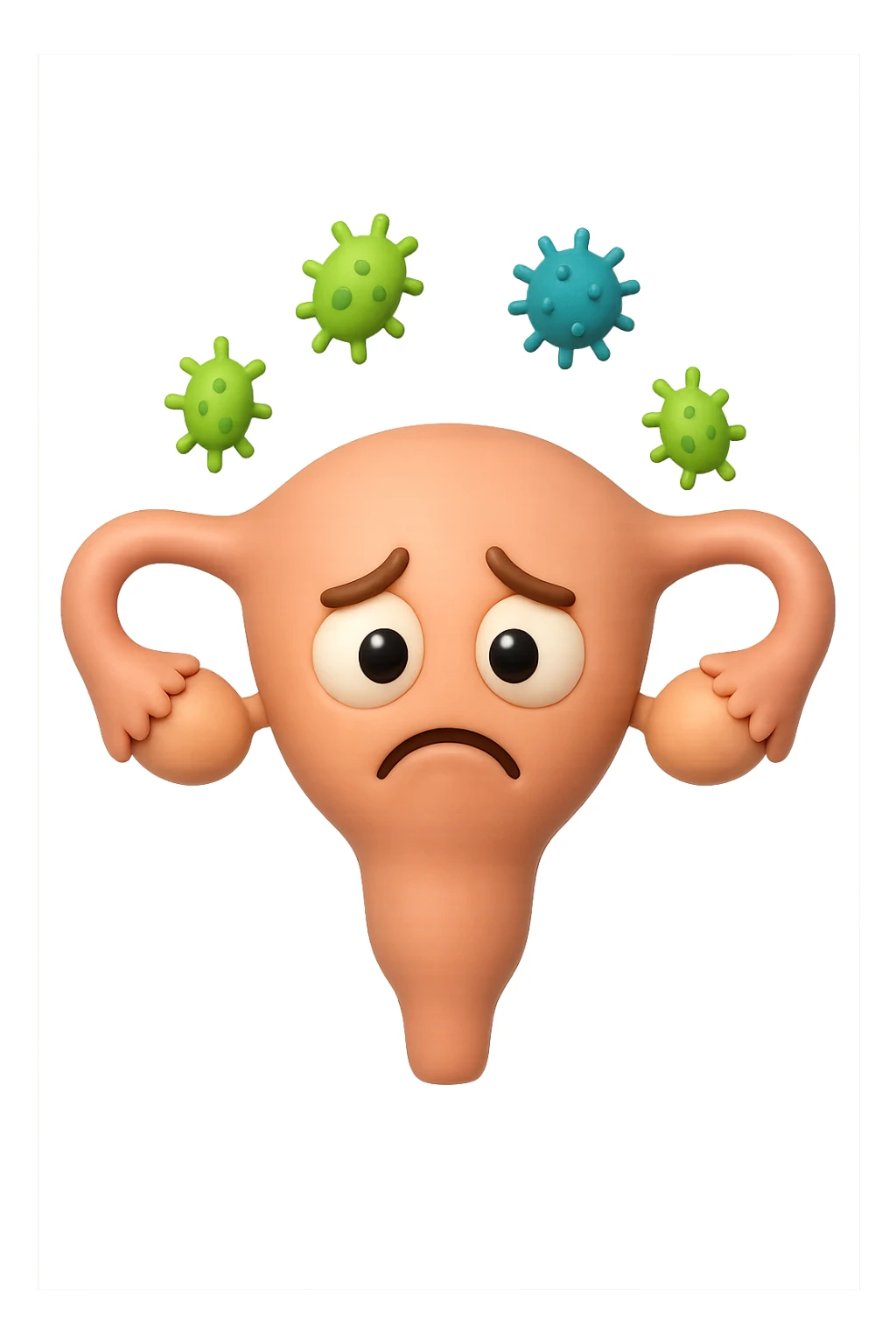 EMOJI STILE IPHONE 3D DI UTERO 3D CON ESPRESSIONE TRISTE  IN VOLTO MENTRE SOPRA LUI FLUTTUANO BATTERI, FAGLI ANCHE LA PARTE BIANCA DEGLI OCCHI, NON SOLO LA PUPILLA sticker