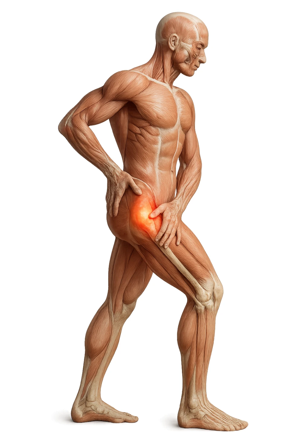 CORPO UMANO ANATOMICO DI PROFILO A FIGURA INTERA REALISTICO CHE SI TOCCA L'ANCA INFIAMMATA, DOLORE ALL'ANCA, IPERREALISTICO 4K sticker