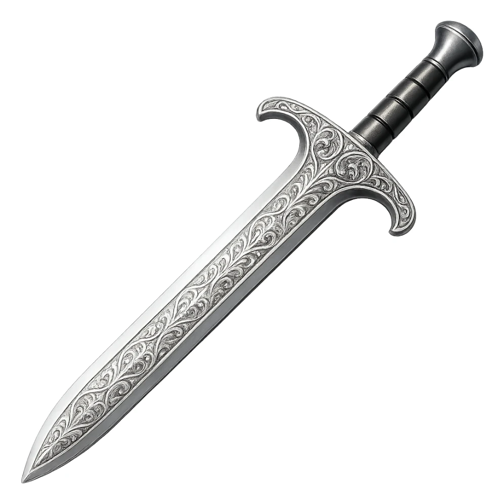 Engrave this steel sword with elegant silver engravings, keep it crisp, shiny, and slightly fancier than iron, realistic metallic steel, emoji style. Transparent background. sticker