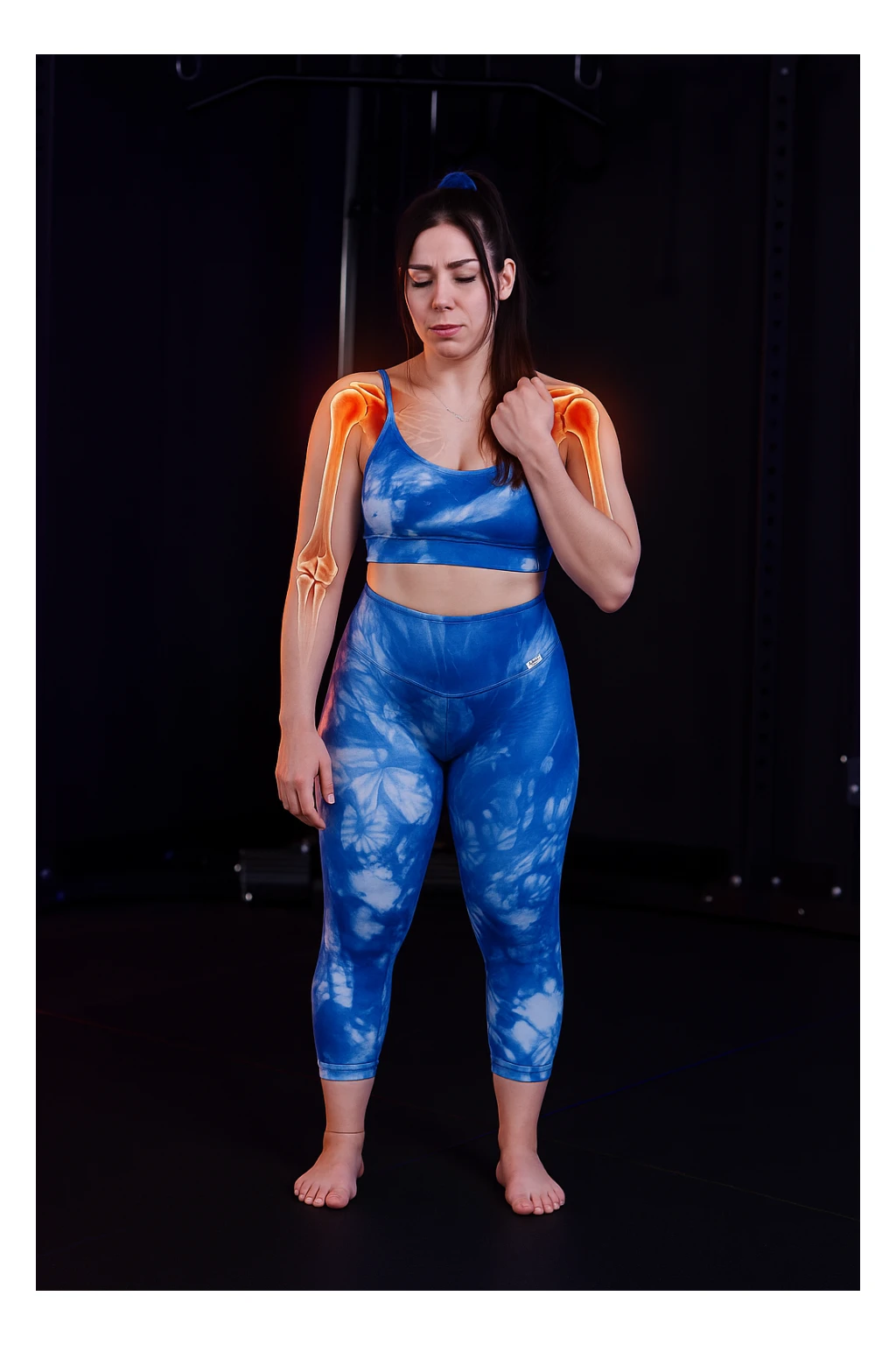 A woman with shoulder pain, add anatomically highlighted shoulders on the body, variant 5, in a style suitable for editing and anatomical emphasis. sticker