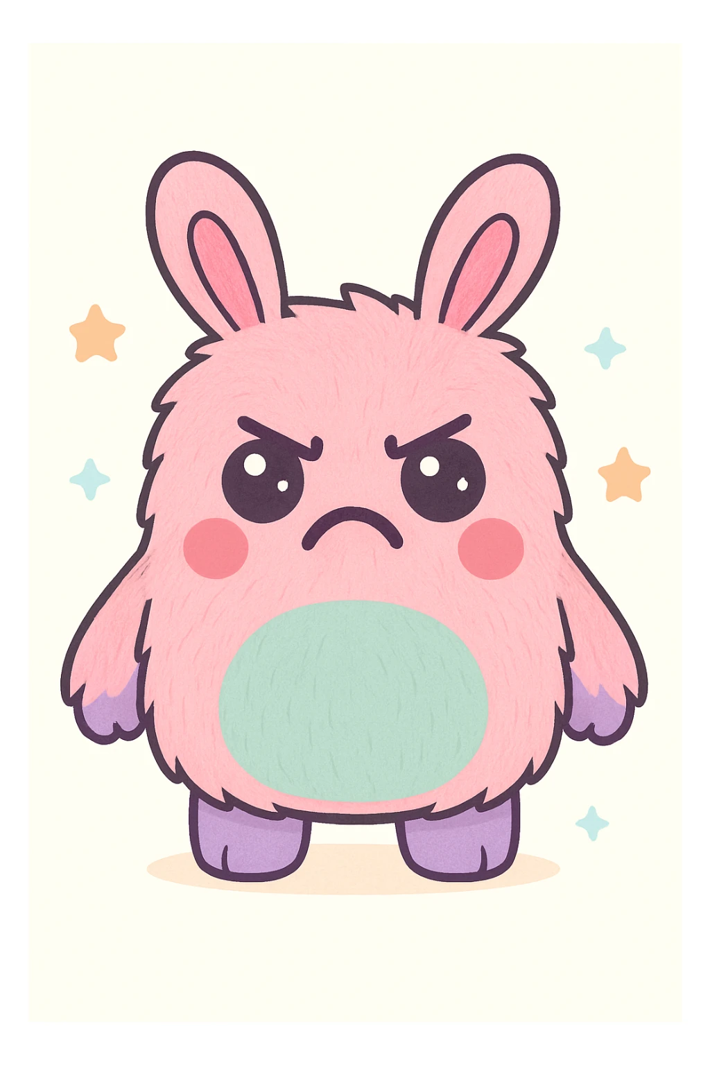 Close the monster's mouth, furrow the nonexistent eyebrows to express anger, add fur on the body, keep the kawaii style, rabbit ears, nine teeth not visible. sticker