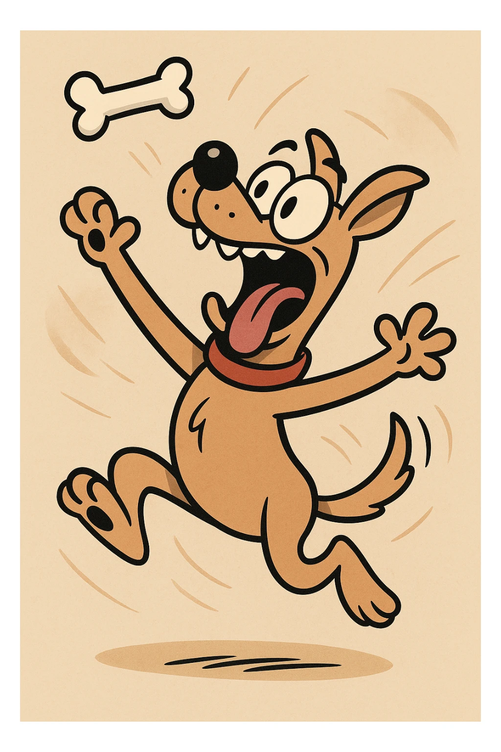 a dog catching a bone in mid-air, energetic style, dynamic and lively sticker