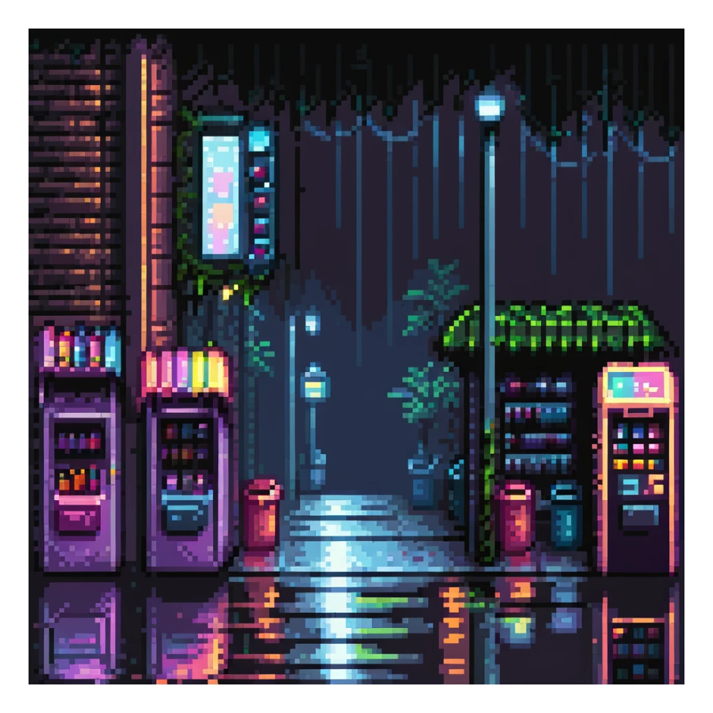 Pixel art urban street at night, side view, neon lights, vending machine, empty sidewalk, moody atmosphere, light rain reflections, trash bins, vertical 9:16 aspect ratio, Sega Genesis fighting game background
 sticker