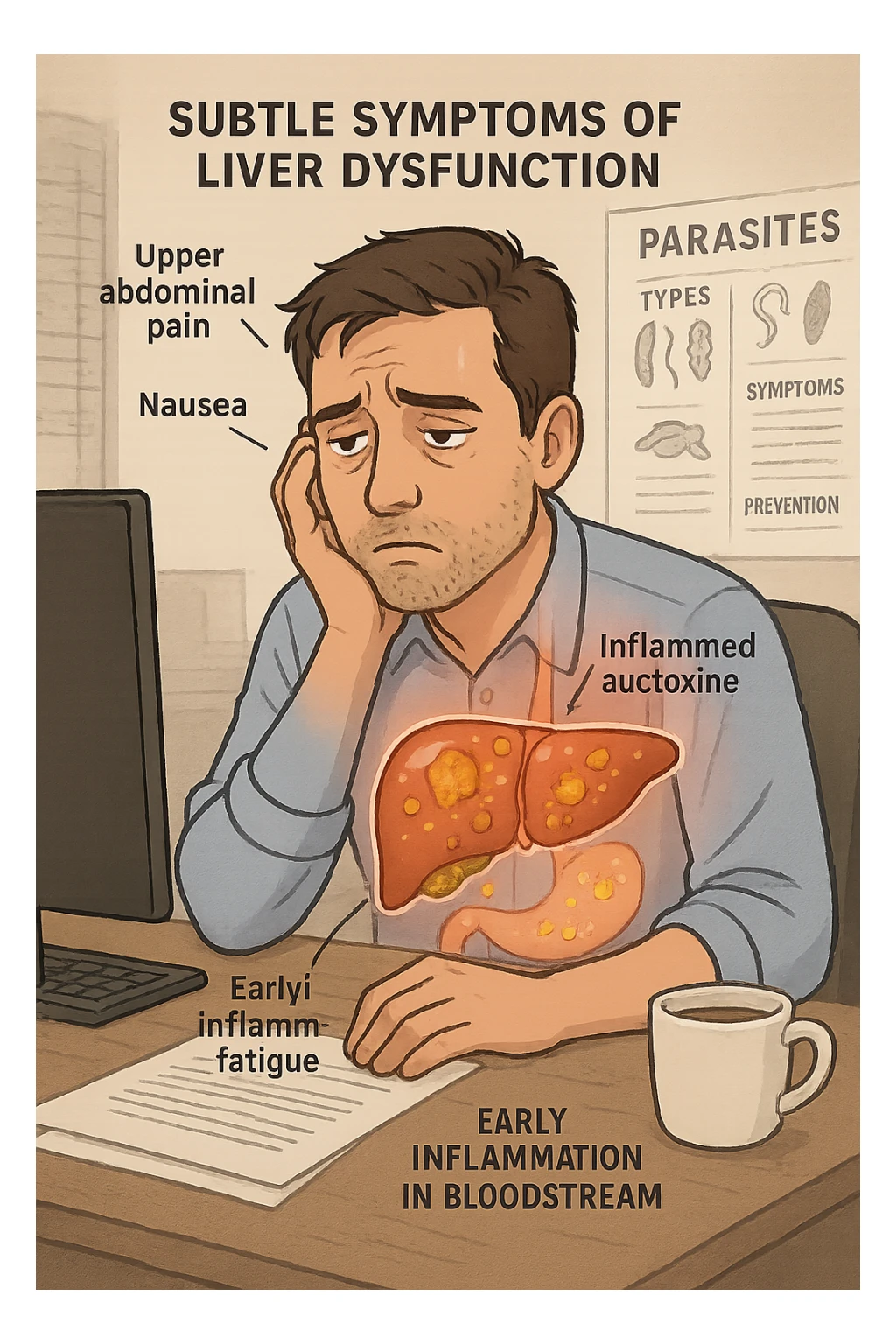 Man sitting at office desk experiencing subtle symptoms of liver dysfunction, upper abdominal pain, nausea, and unexplained fatigue Parasites: Types, Symptoms, Treatment & Prevention, expression of confusion about vague health issues, liver shown in transparent overlay with early inflammation, toxins beginning to accumulate in bloodstream, productivity declining as liver struggles to filter properly sticker