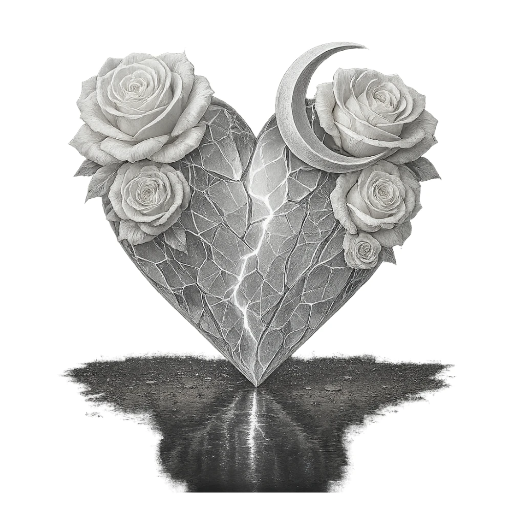 Edit the gothic heart to be formed from splintered deep white glass, silver crescent moon, white roses, sparkling holographic stardust, neon lightning, and a wet, reflective surface. Keep the background transparent. Maintain the gothic heart style and transparent background. sticker