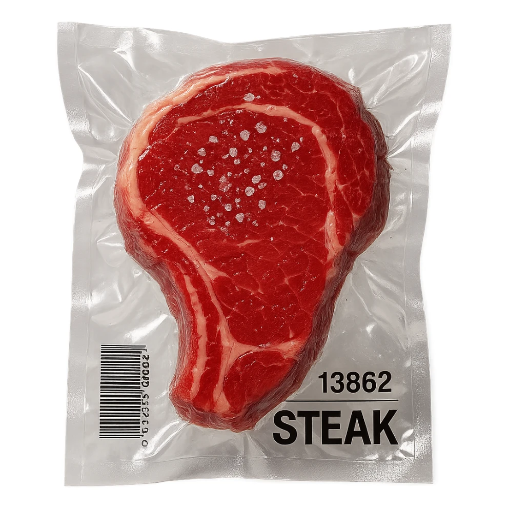 steak with small crystals on top, glossy and puffy, vacuum-sealed style sticker