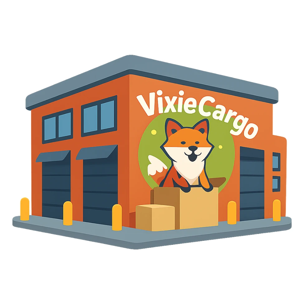 Remove the stroke or outline from the modern parcel warehouse building emoji with the Vixie Cargo logo, keep the color scheme and no background. sticker