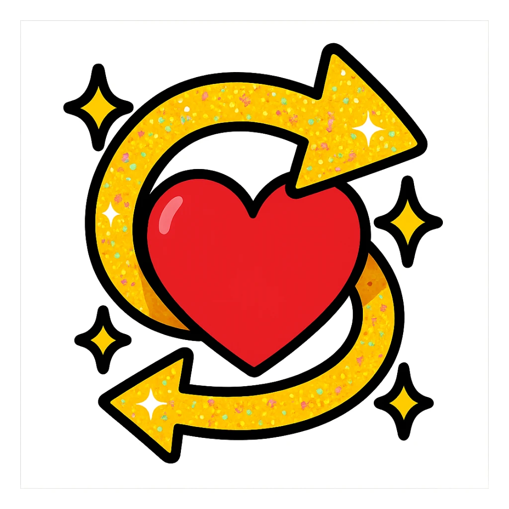 a glittery respawn arrow wrapped around a heart, vibrant toon style, for a queer chaotic gaming group sticker