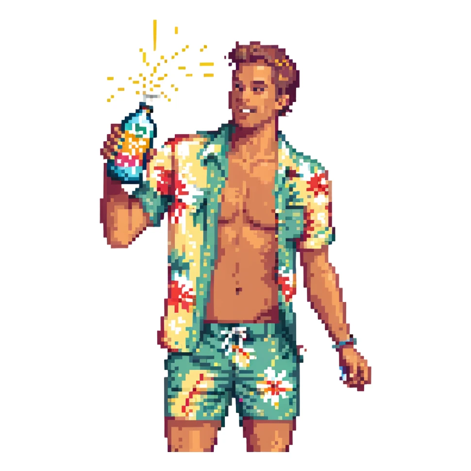 human male Unbuttoned Hawaiian shirt, swim trunks, shaking a cocktail shaker (sparks flying) sticker
