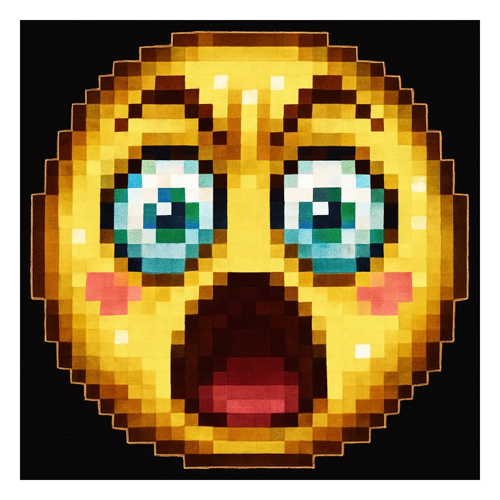 Make the surprised face emoji much more dramatic, with wide open mouth, raised eyebrows, and exaggerated eyes, in pixel art style. sticker
