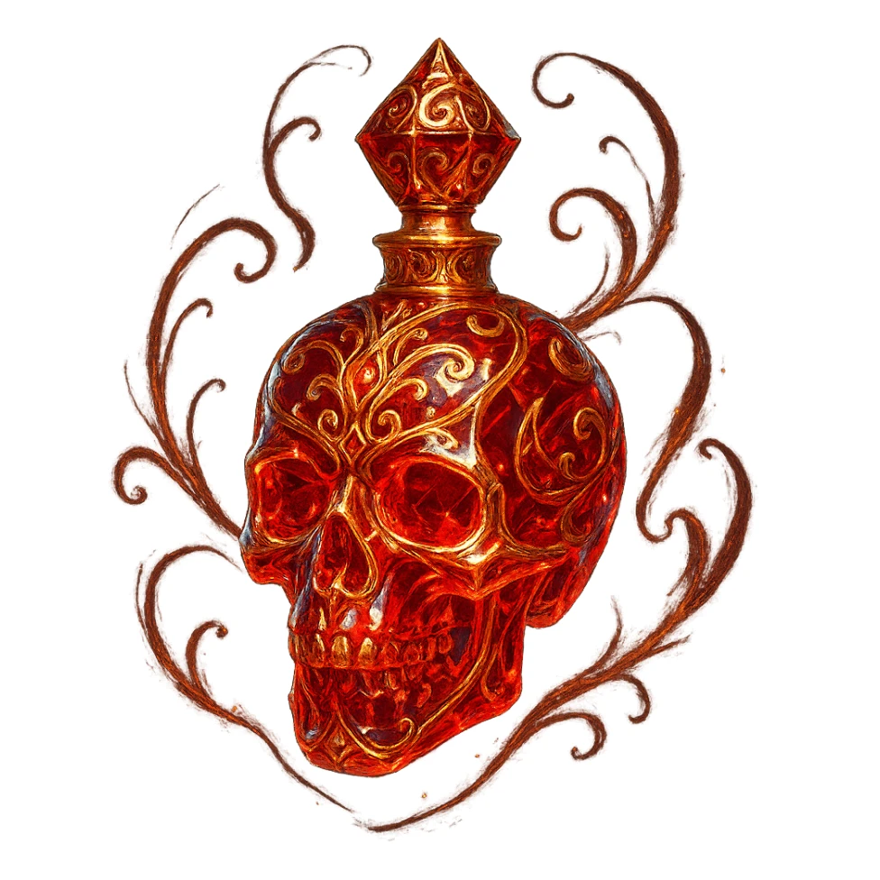 very luxurious crystal skull-shaped elixir bottle, red color, very small golden collar, lots of glowing, edges, ornaments, golden details, magical effects, transparent background, clearly floating in air, no base or shadow, premium class, matches a collection sticker