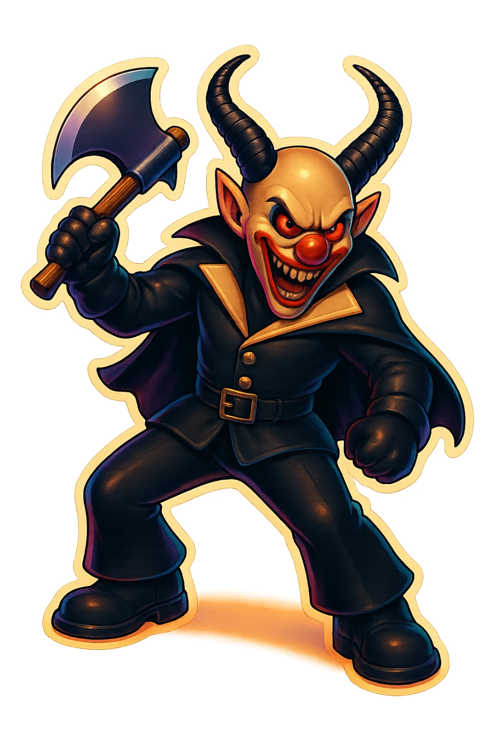 Render the subject in retro sticker style with no border and transparent background, in a crouched pose, ready to attack. sticker