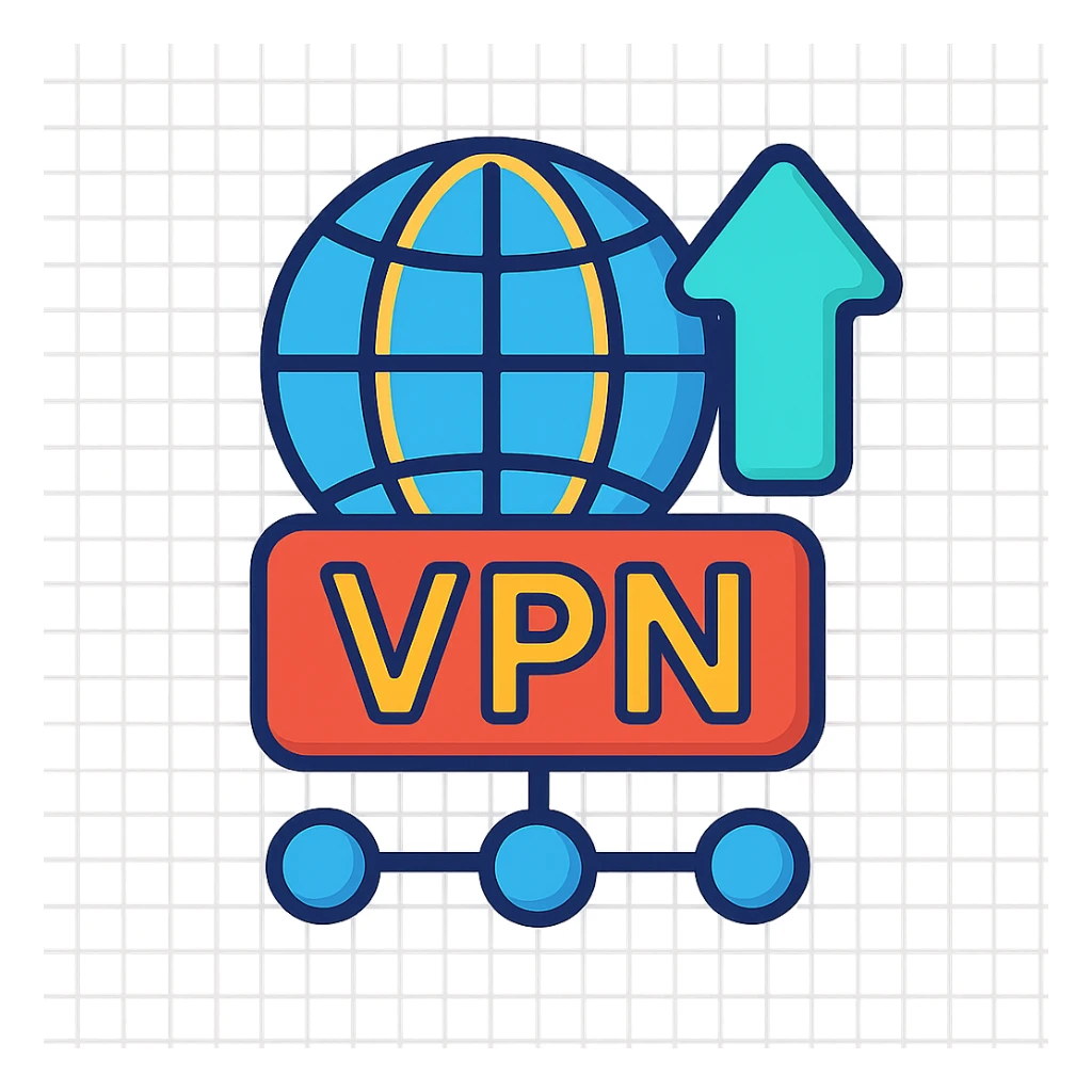 VPN icon with a globe, an arrow, and a connection network, cartoon 3D style sticker