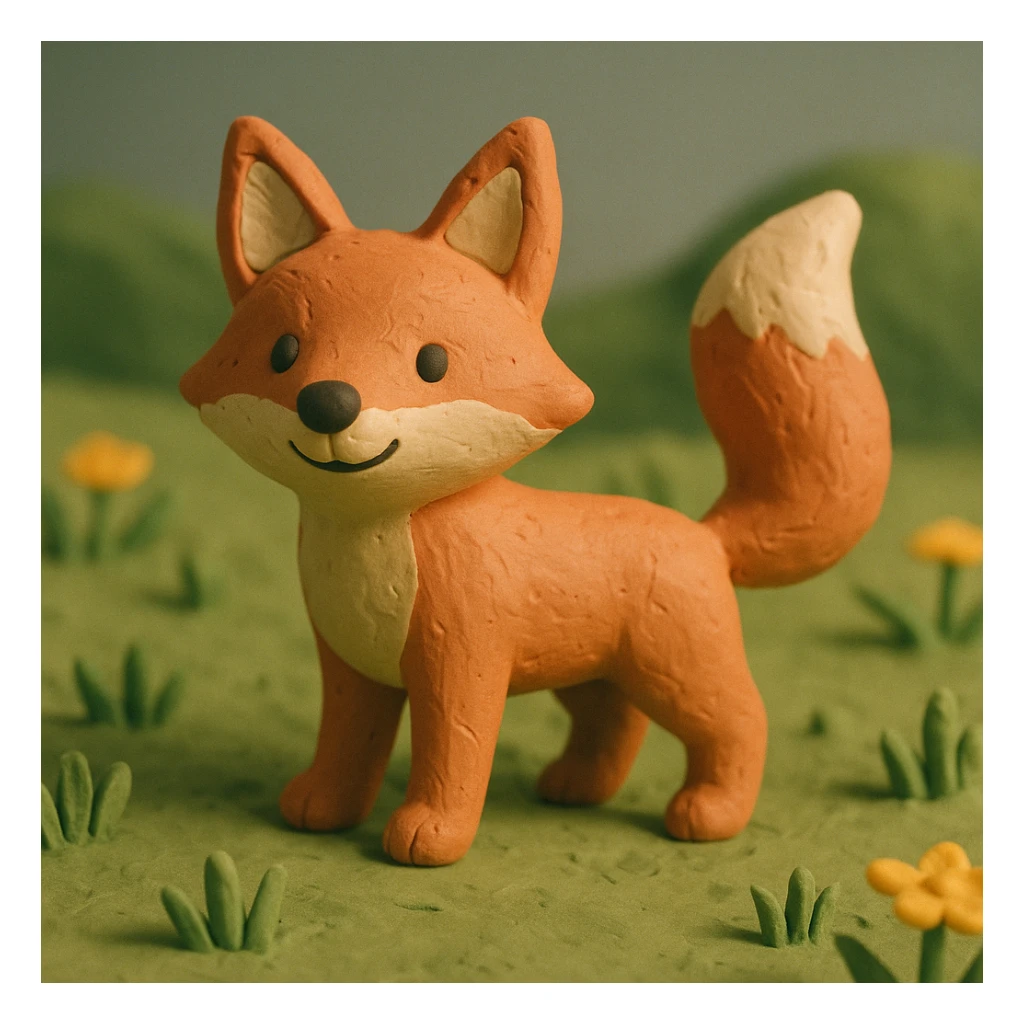 fox with a bushy tail, standing alert, cheerful and cute, in a grassy meadow, claymation style sticker