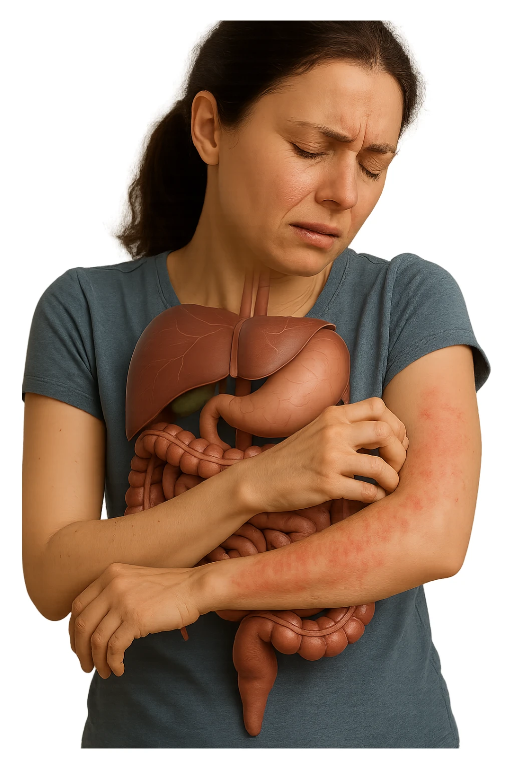 donna con intestino umano anatomico realistico che si gratta il braccio su cui ha un'eritema, iperrealistica 4k sticker
