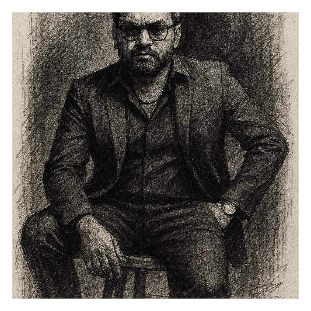 Create a dramatic black and white pencil sketch portrait of a confident looking man using the reference image for facial features. He is sitting on a wooden stool against a dark studio background, wearing a well-fitted, all-black suit with a black shirt and black pants, a golden chain at the neck, and a small silver watch. The shirt is slightly unbuttoned at the top. His posture is relaxed yet dominant, with one arm resting on his leg and the other in his pant pocket. The lighting is soft but directional, exuding a moody and powerful aura. sticker