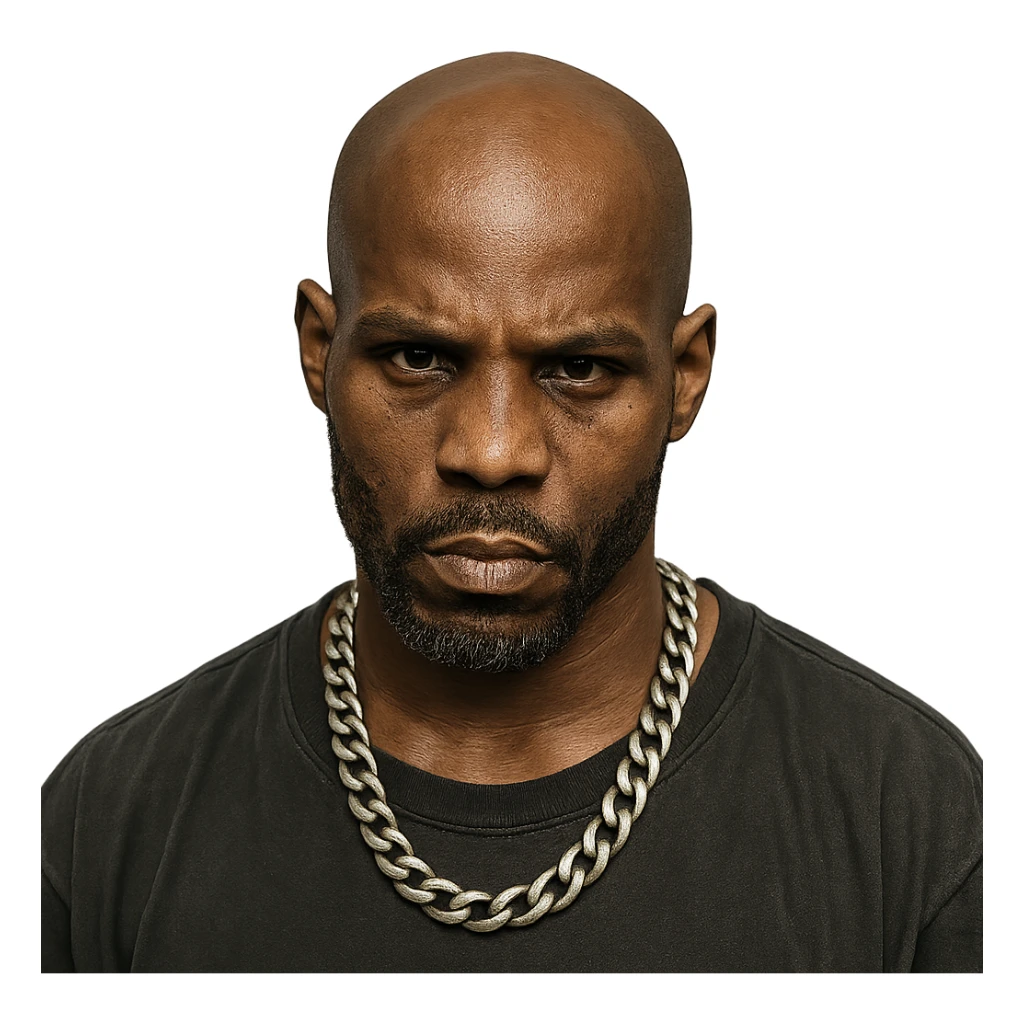 rapper DMX, bald, intense expression, chain necklace, goatee, hip hop style sticker