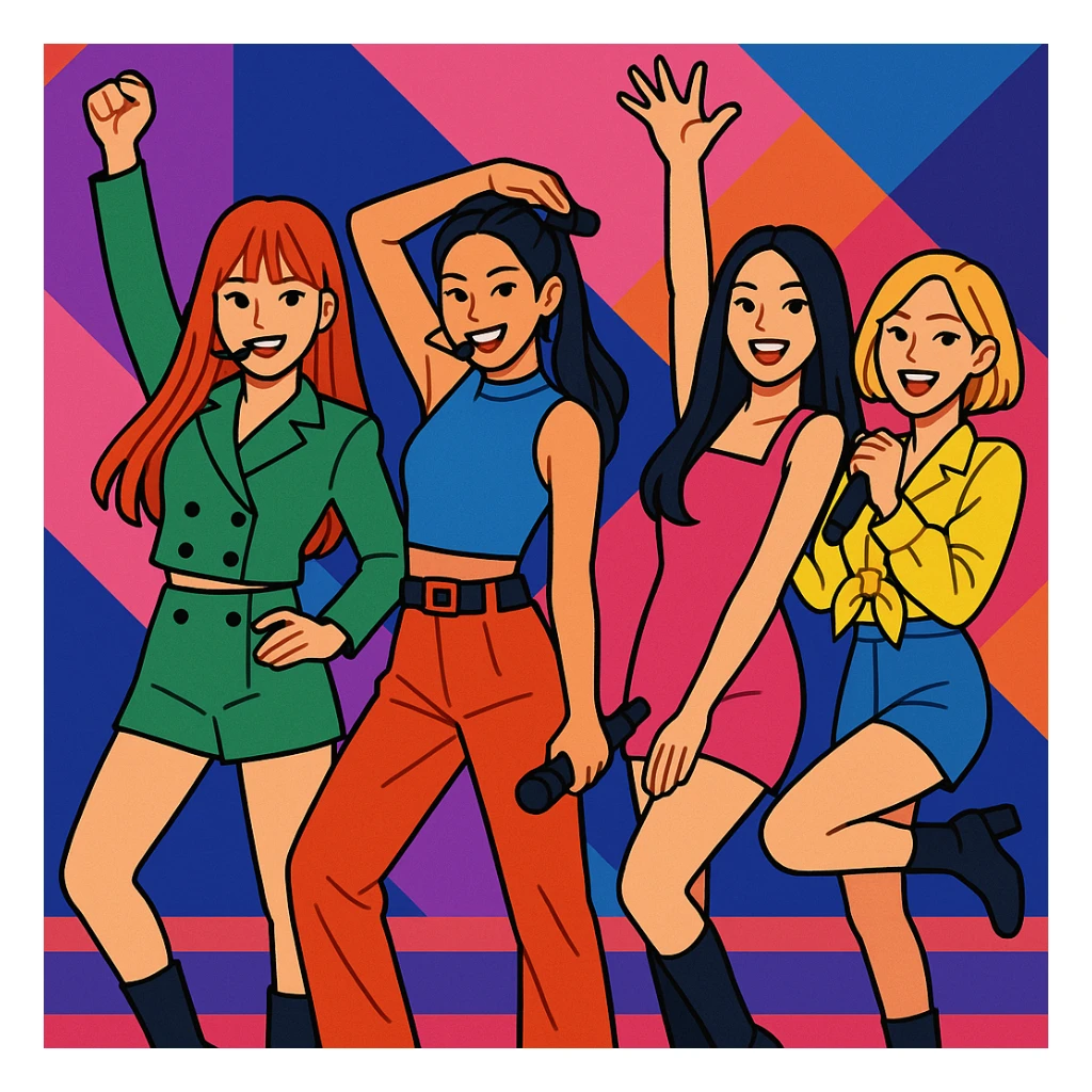 a kpop group, vibrant stage outfits, energetic pose, modern style sticker