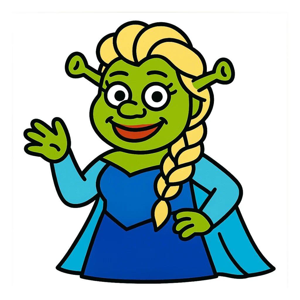 whimsical and fun character combining Elsa and Shrek as a single character sticker