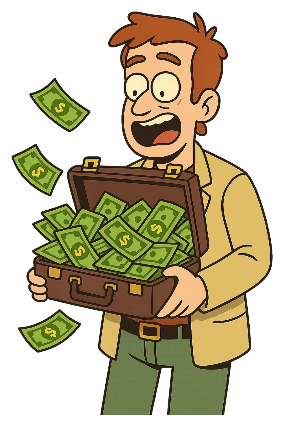 briefcase overflowing with cash, flat modern style, bright saturated colors with greens, golds, reds, minimal but expressive, universal look sticker