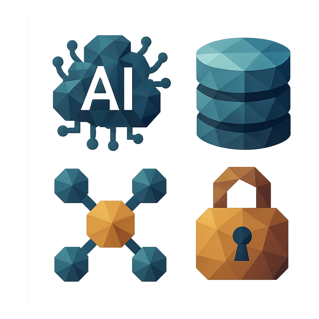 polygonal low-poly style icons for information technology, geometric shapes, icons for AI, data storage, connectivity, and encryption, modern and abstract sticker