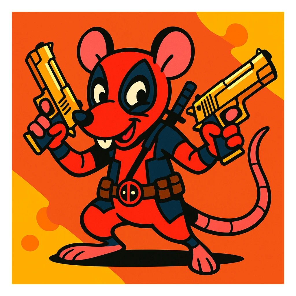 Deadpool-inspired rat character, armed with two golden Deagles, playful and mischievous expression, vibrant colors sticker