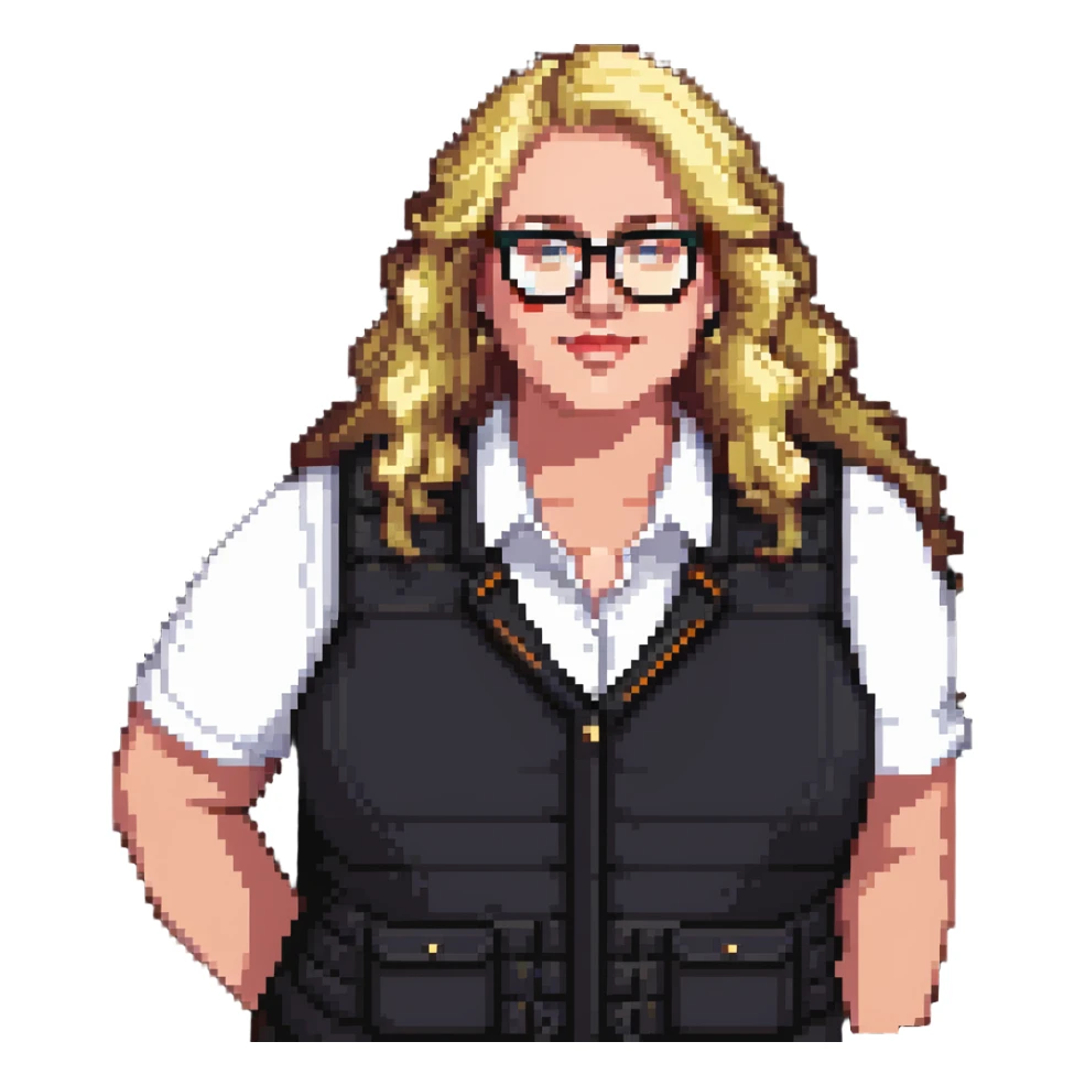 Plus size blonde person wearing glasses and a vest sticker