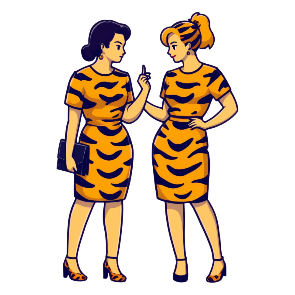 Two women chatting, dressed in leopard print and tiger print dresses sticker