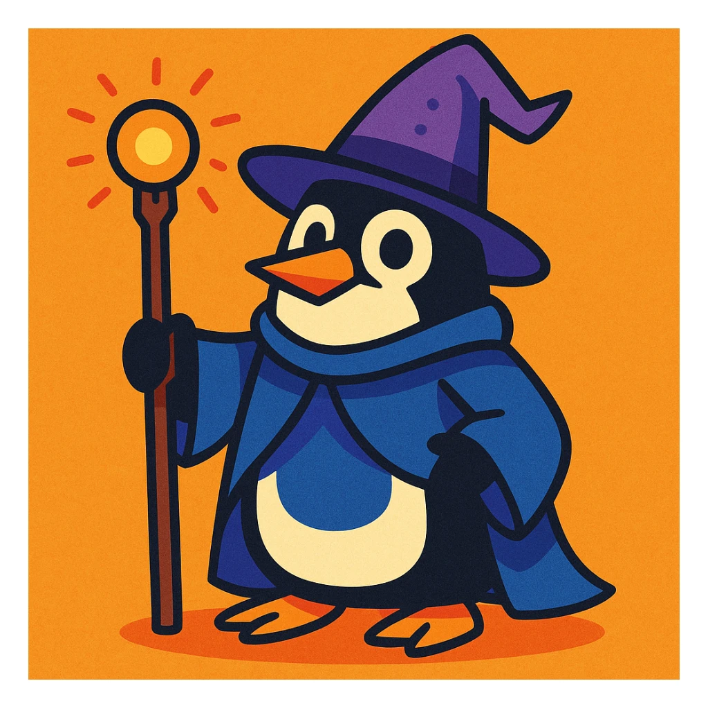 a penguin dressed as a wizard, with a pointy hat and a magic staff, in a fun and whimsical style sticker