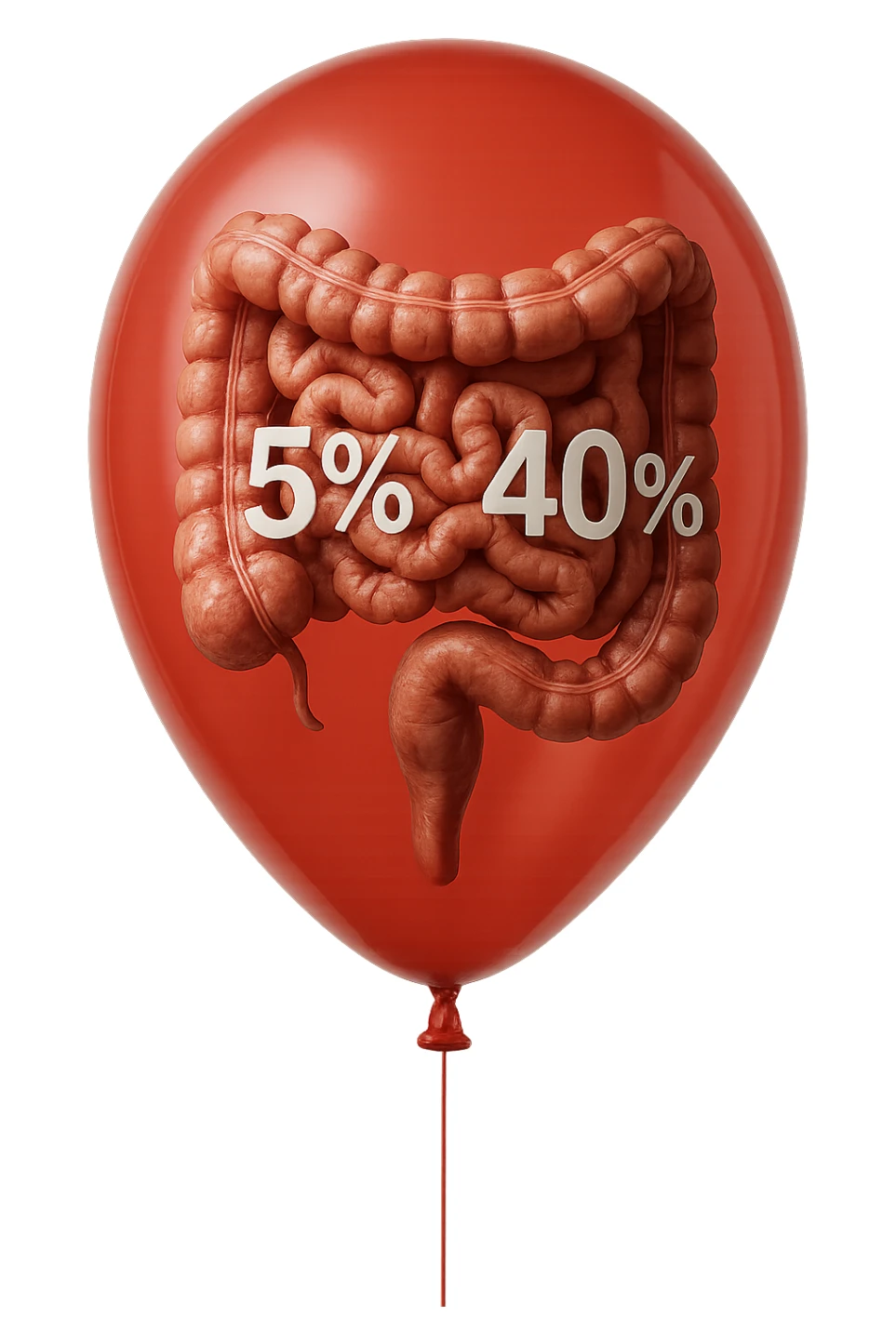 intestino umano anatomico chiuso in un palloncino rosso con la scritta 5% e 40% dentro insieme all'intestino, iperrealistico 4k sticker