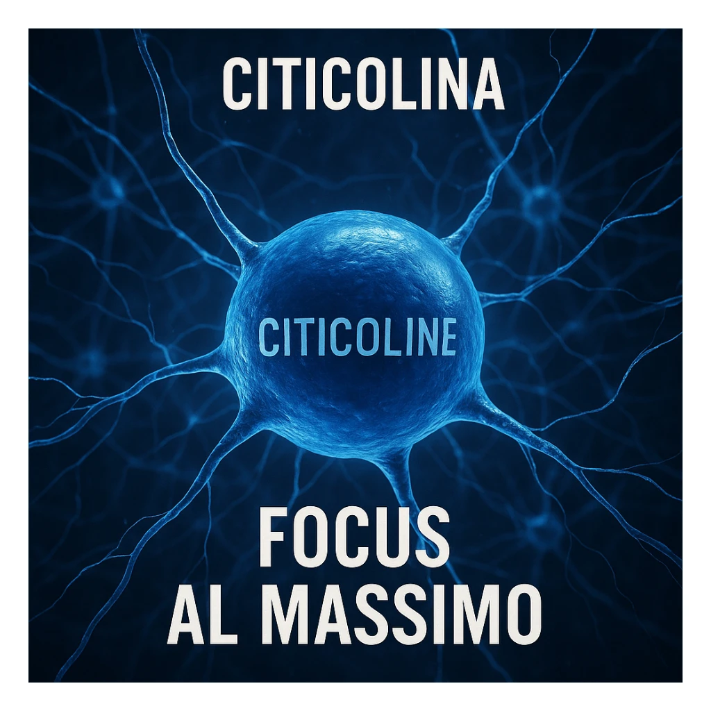 Citicolina come neurotrasmettitore chiave per il focus, iper realistico, molecola blu che attiva connessioni neurali, scritta 'Focus al massimo', atmosfera motivazionale, dettagli realistici sticker
