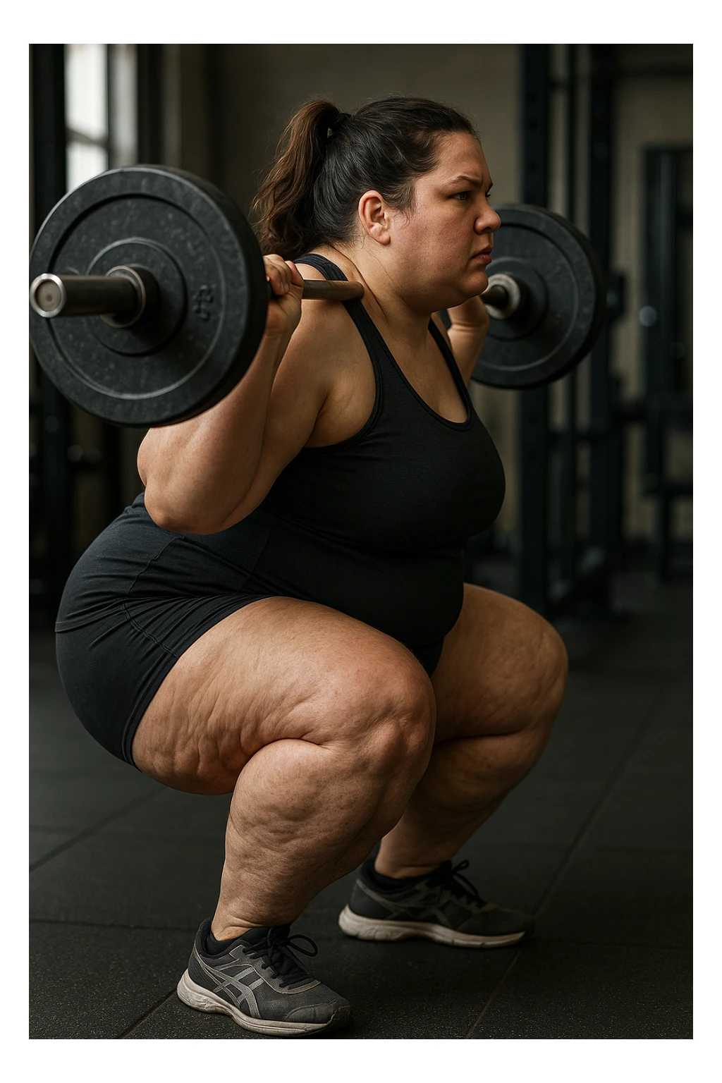 donna grassa con lipedema alle gambe che fa uno squat di profilo con bilanciere, IPERREALISTICA 4K sticker