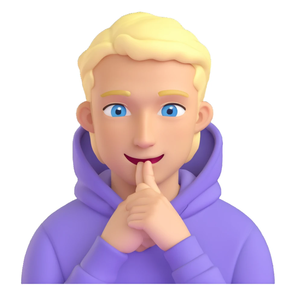 blonde man with blue eyes, lilac hoodie, winking sticker